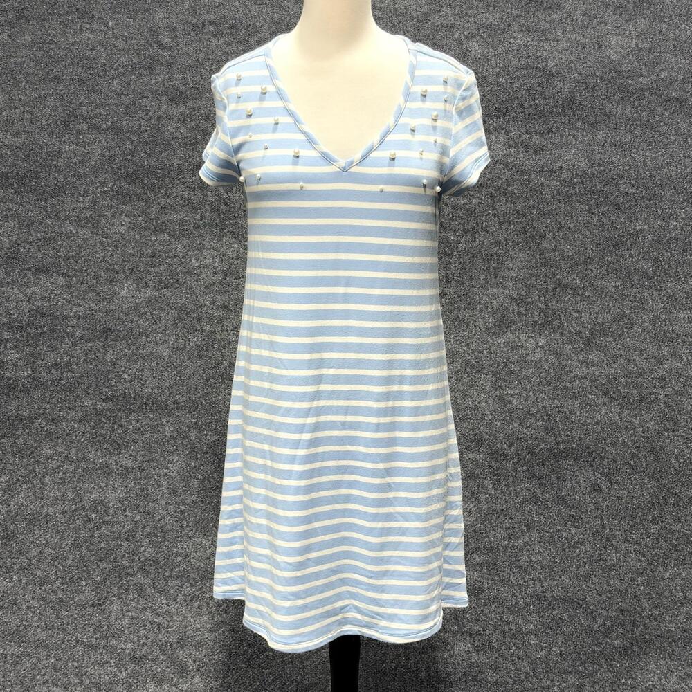 Ronni Nicole Dress Womens PS Blue Striped Beaded V Neck T Shirt Knit Casual